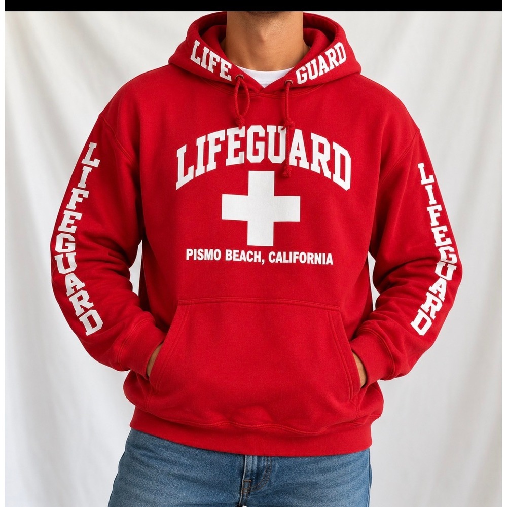 MJ Apparel Lifeguard Hoodie Unisex M/L Red Good Pismo Beach California Pullover